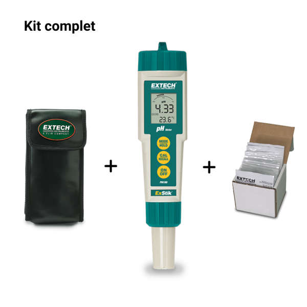 FLIR-EXTECH Kit Complet pHmètre de sol ExStik PH100 – incl. Étui de transport + sachets pH4 et pH7